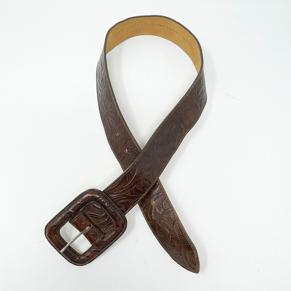 Jennifer Graham Leather Belt Women's 34 Brown Floral Embossed Wide Buckle Boho